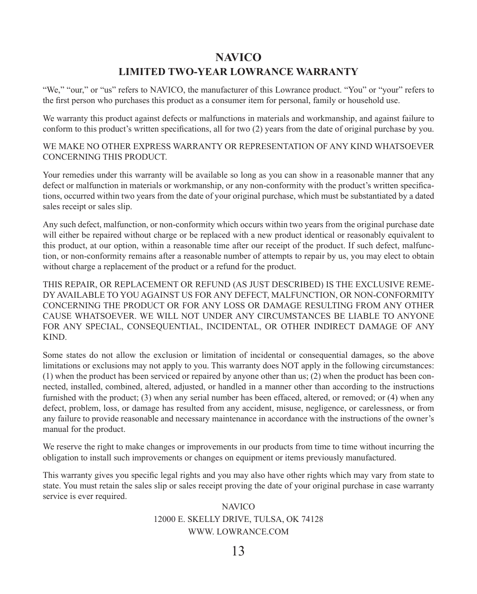 Navico, Limited two-year lowrance warranty | Lowrance electronic Satellite Weather Radio Module LWX-1 User Manual | Page 15 / 16