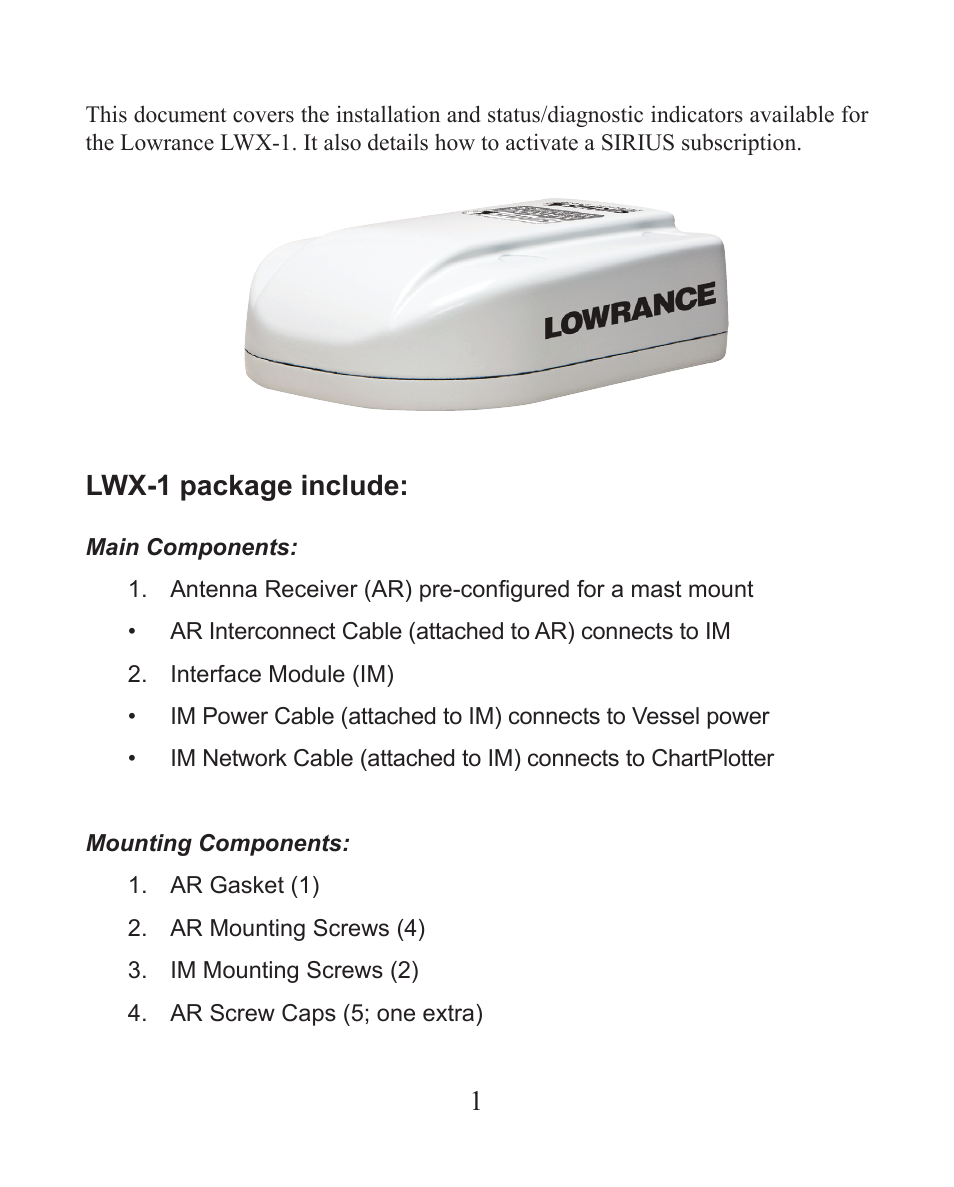 Lwx-1 package include | Lowrance electronic Satellite Weather Radio Module LWX-1 User Manual | Page 3 / 16