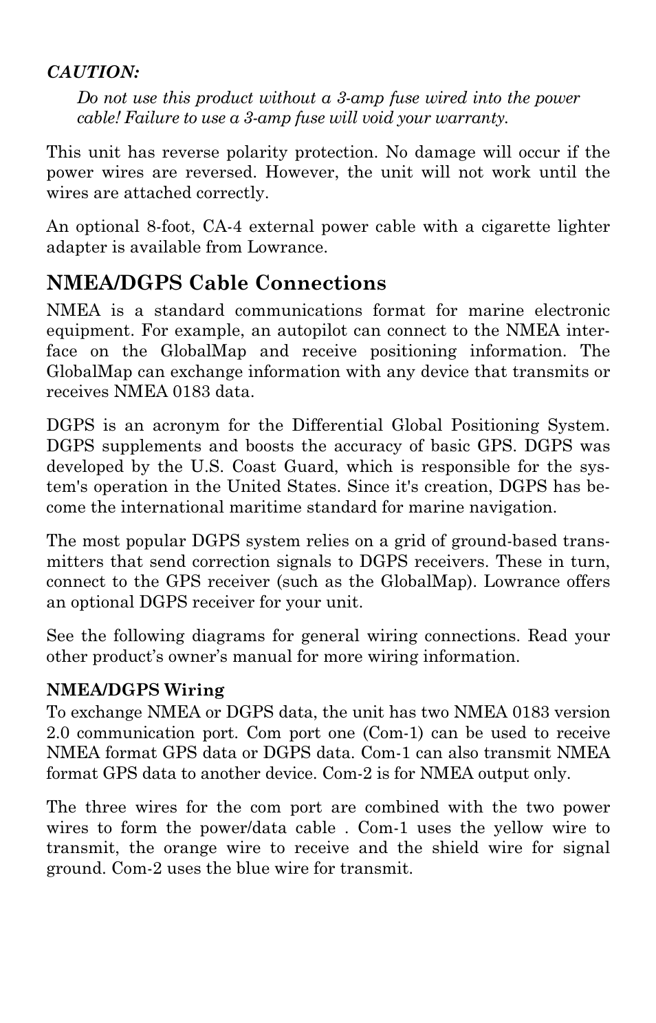 Nmea/dgps cable connections | Lowrance electronic GlobalMap 5000C User Manual | Page 19 / 128