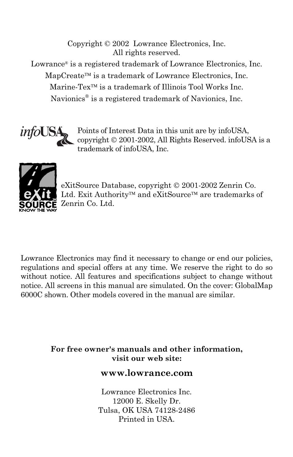 Lowrance electronic GlobalMap 5000C User Manual | Page 2 / 128