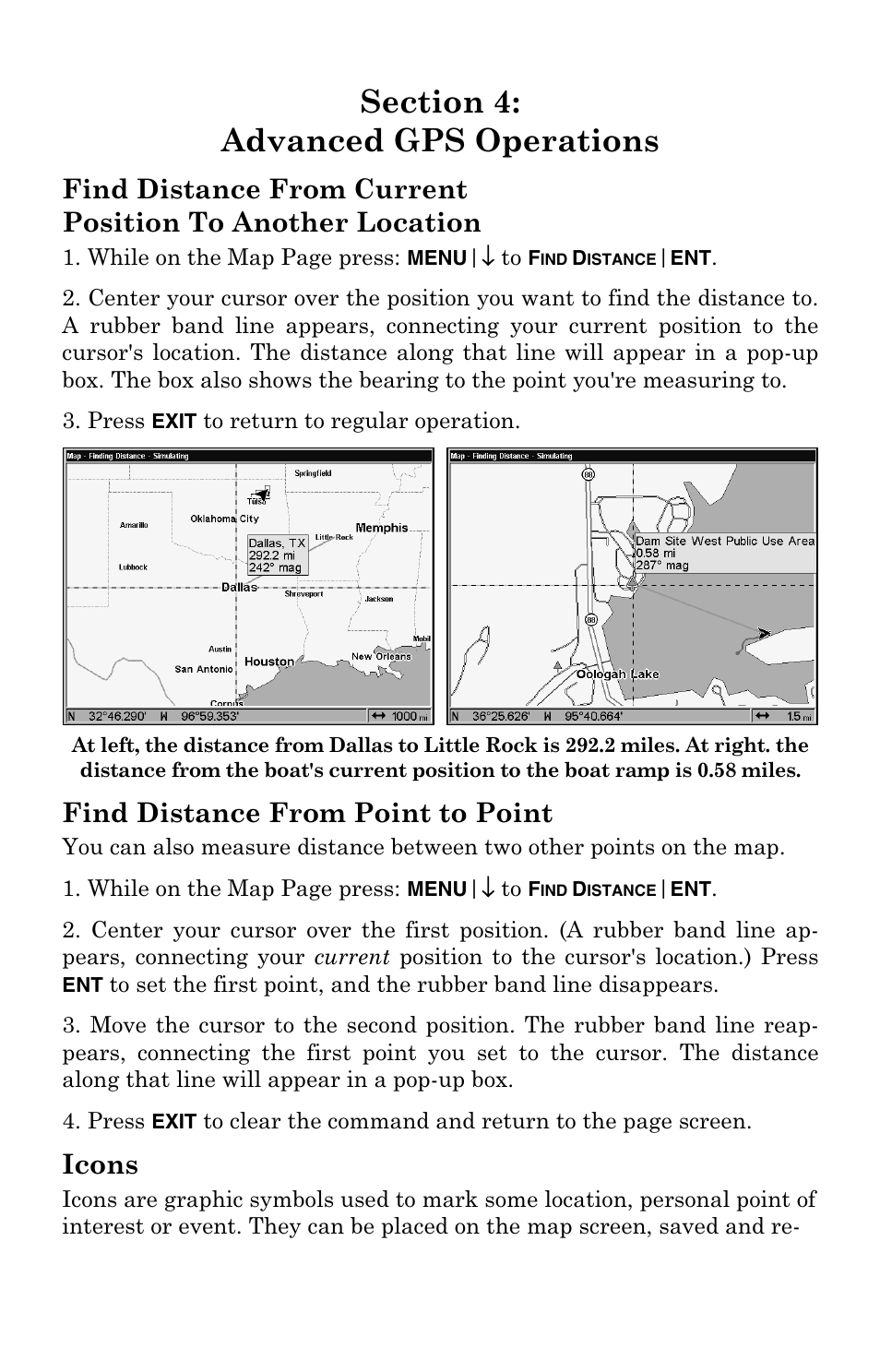 Find distance from point to point, Icons | Lowrance electronic GlobalMap 5000C User Manual | Page 59 / 128