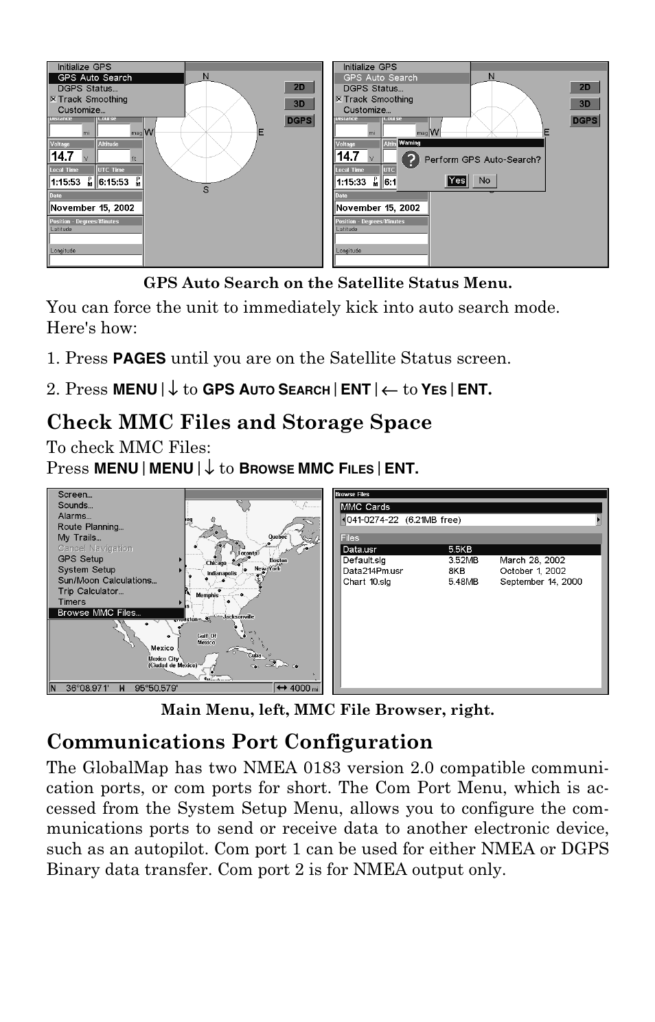 Check mmc files and storage space, Communications port configuration | Lowrance electronic GlobalMap 5000C User Manual | Page 73 / 128