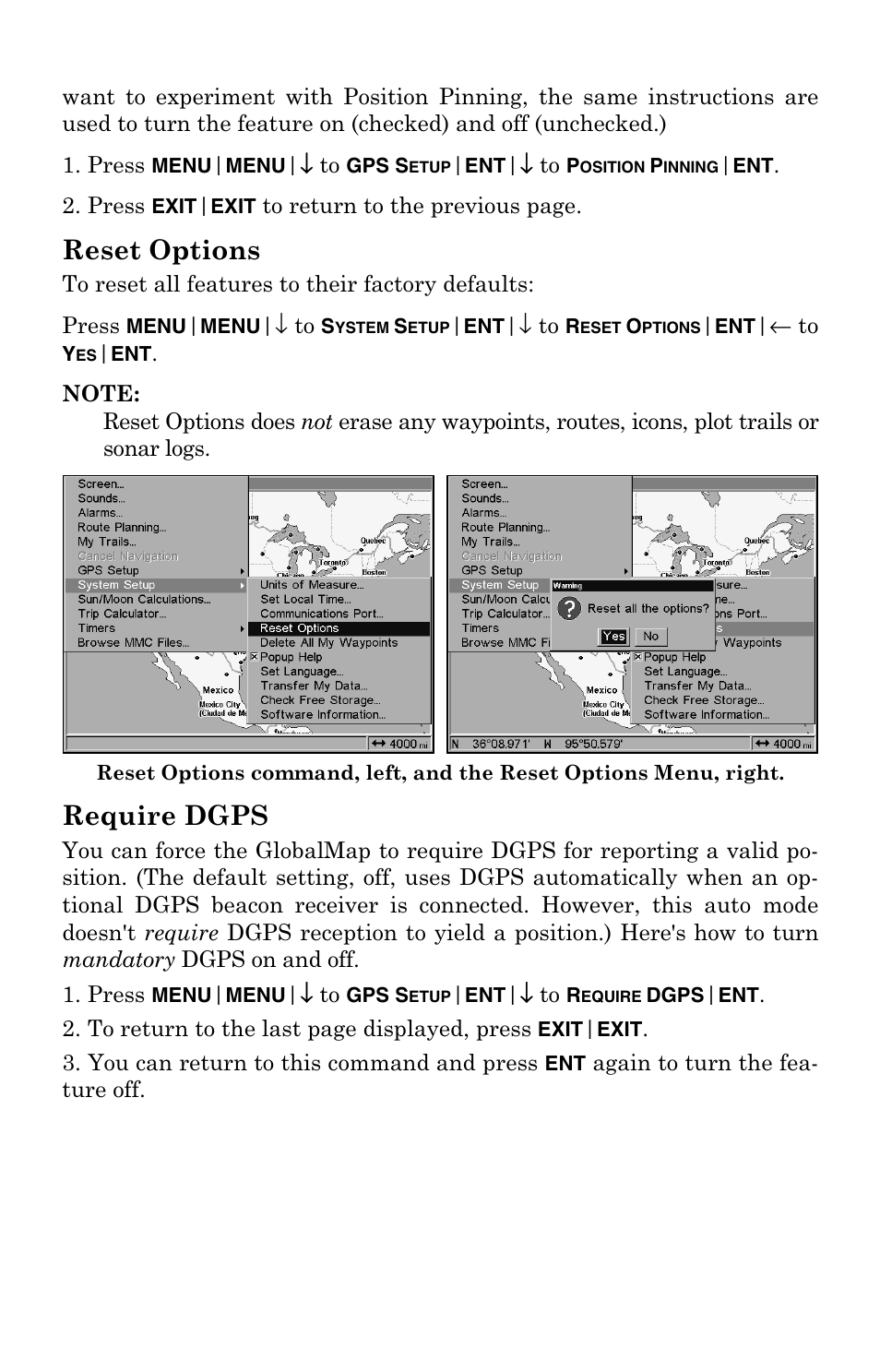 Reset options, Require dgps | Lowrance electronic GlobalMap 5000C User Manual | Page 91 / 128