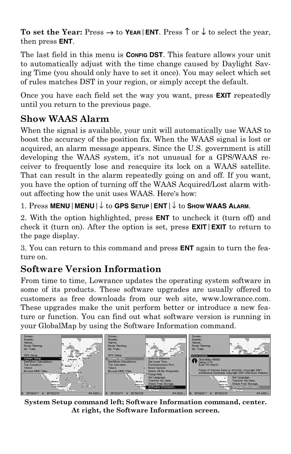 Show waas alarm, Software version information | Lowrance electronic GlobalMap 5000C User Manual | Page 94 / 128