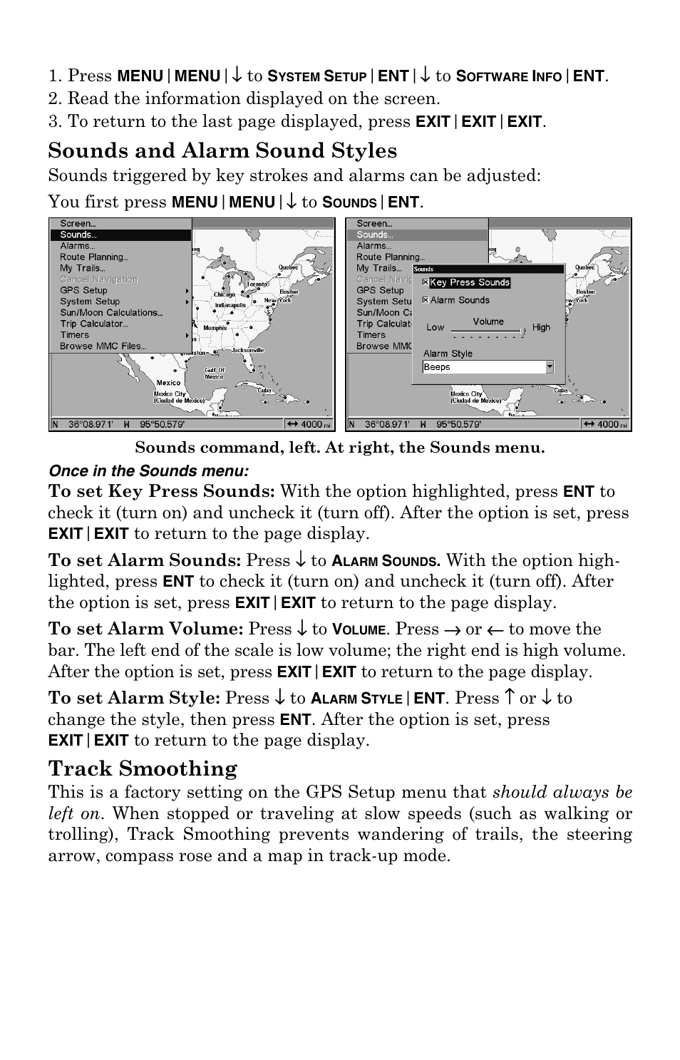 Sounds and alarm sound styles, Track smoothing | Lowrance electronic GlobalMap 5000C User Manual | Page 95 / 128