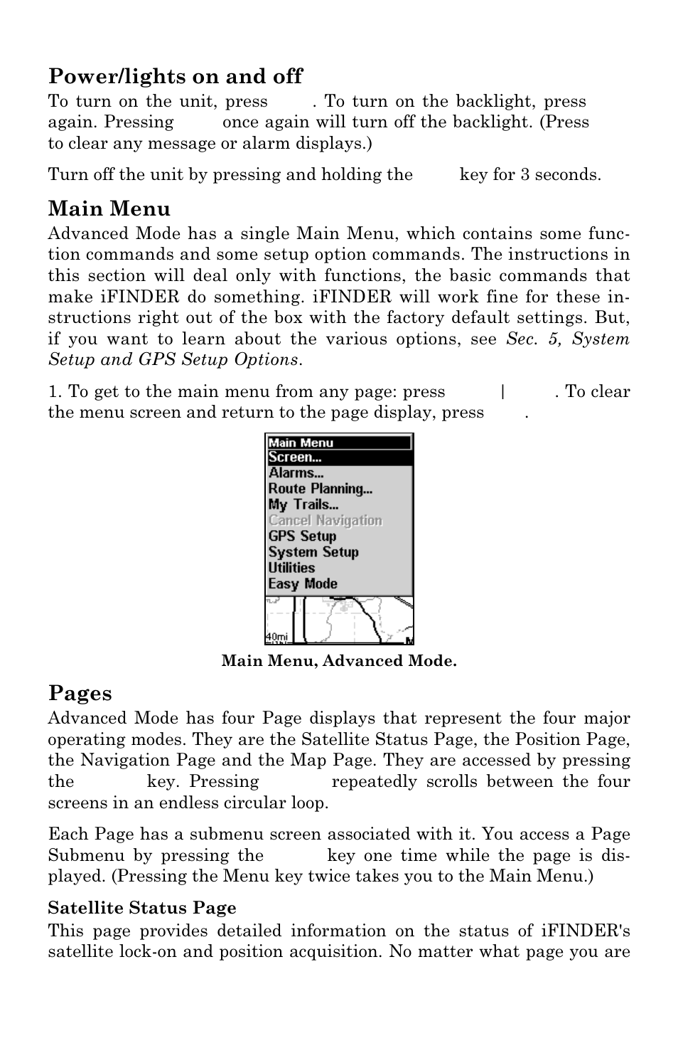 Power/lights on and off, Main menu, Pages | Lowrance electronic iFINDER GO User Manual | Page 38 / 92