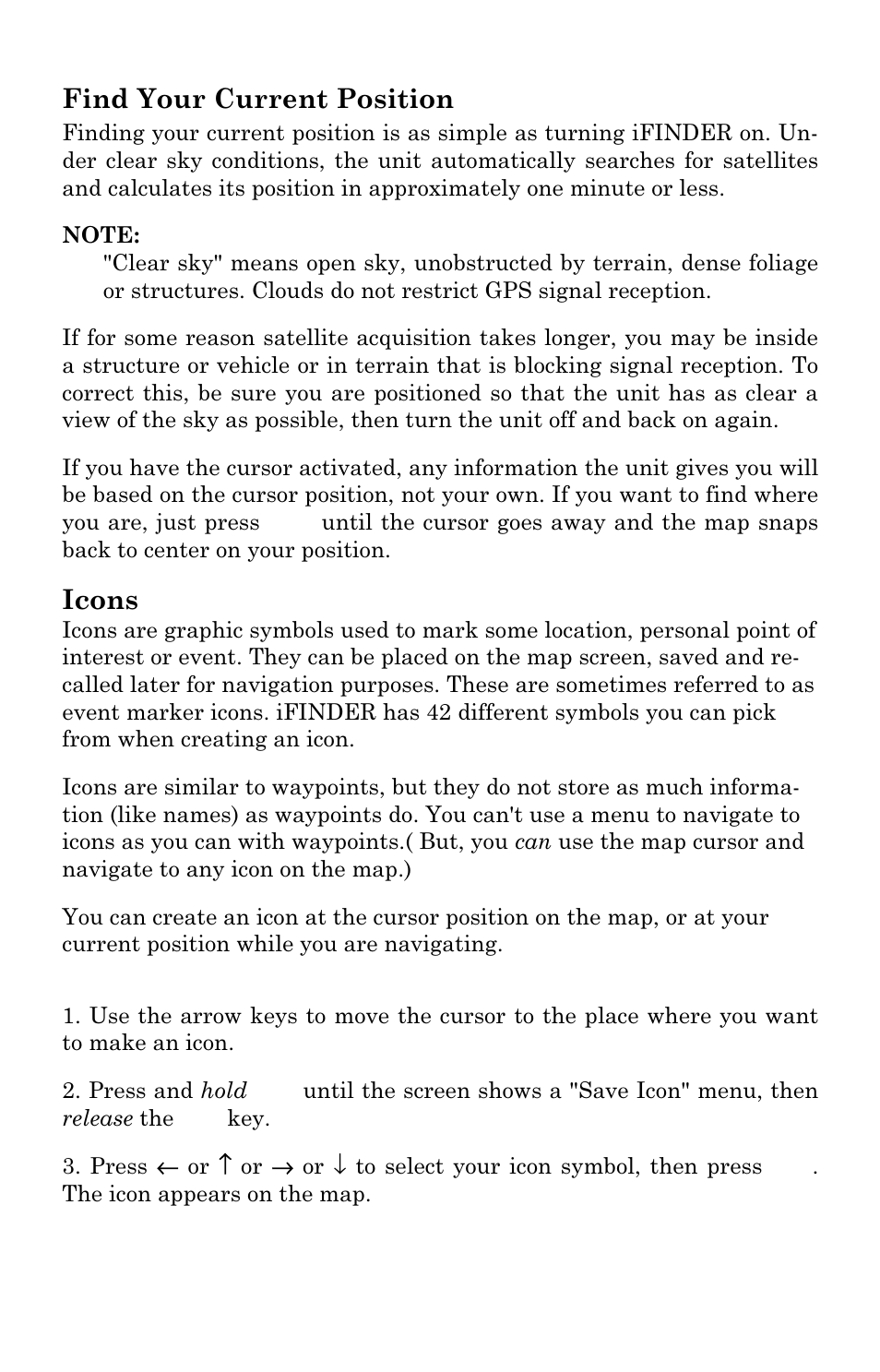 Find your current position, Icons | Lowrance electronic iFINDER GO User Manual | Page 43 / 92