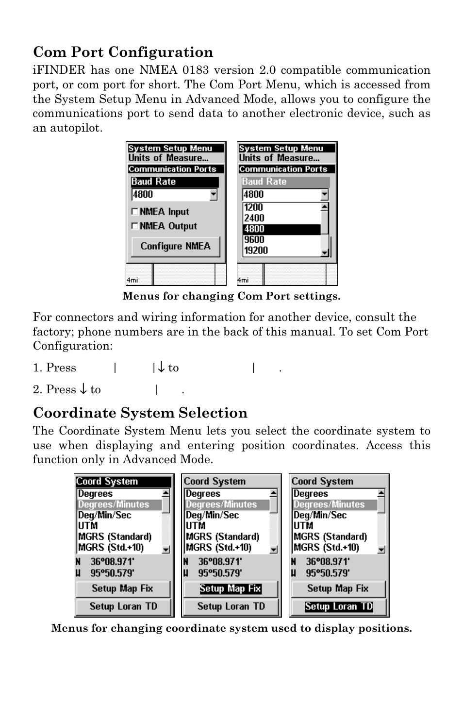 Com port configuration, Coordinate system selection | Lowrance electronic iFINDER GO User Manual | Page 63 / 92