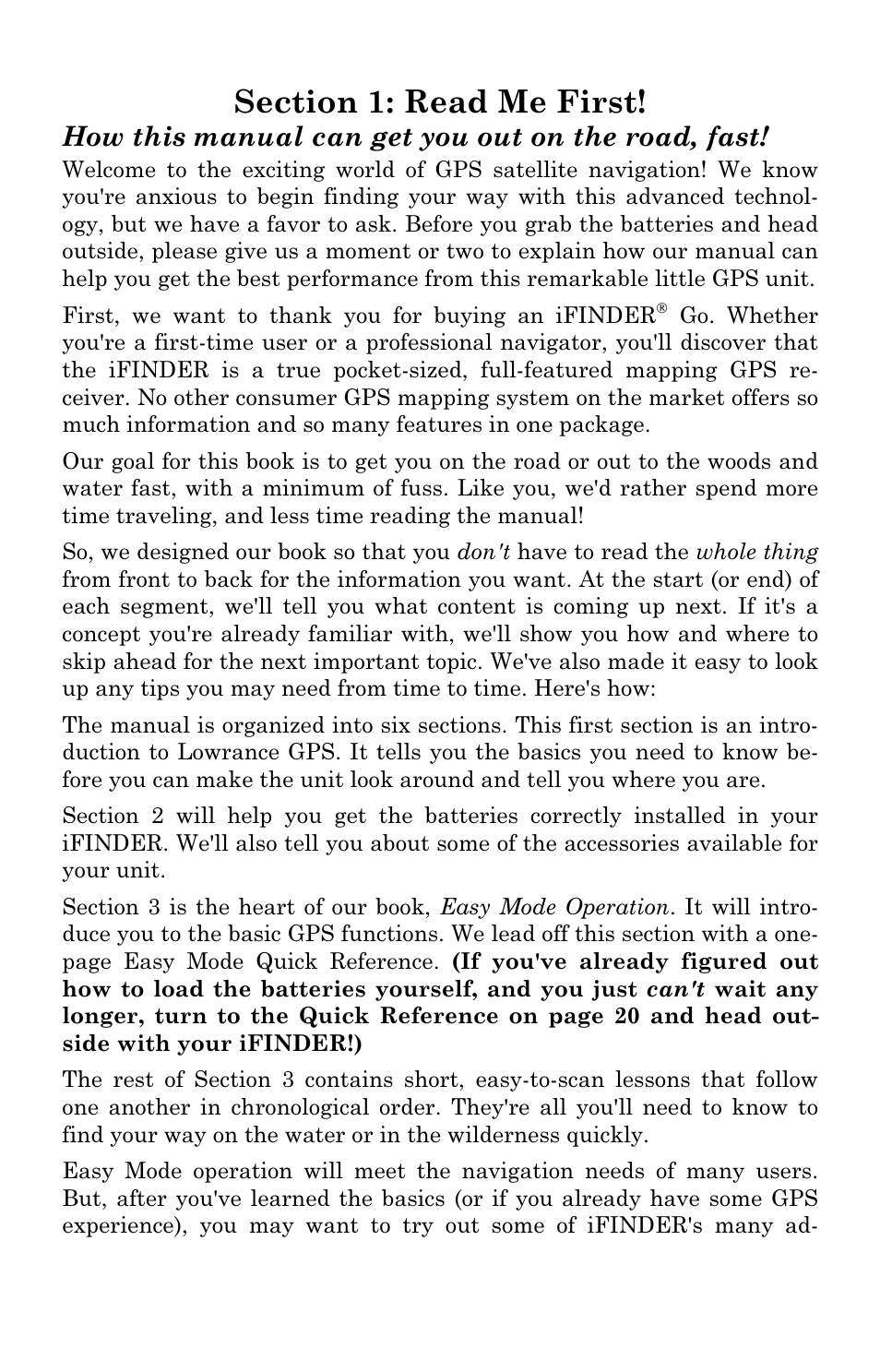 How this manual can get you out on the road, fast | Lowrance electronic iFINDER GO User Manual | Page 7 / 92