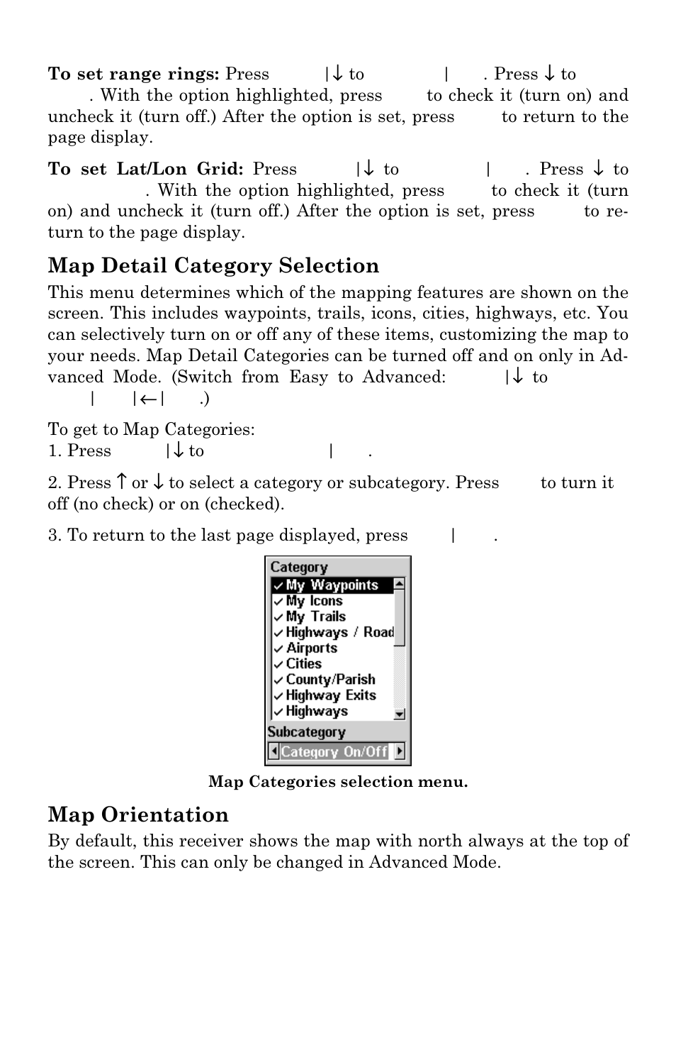 Map detail category selection, Map orientation | Lowrance electronic iFINDER GO User Manual | Page 70 / 92