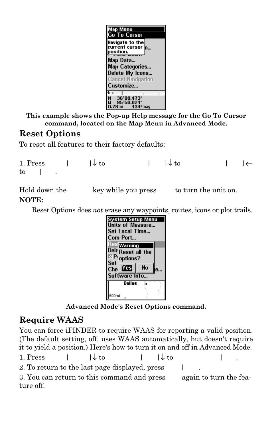 Reset options, Require waas | Lowrance electronic iFINDER GO User Manual | Page 72 / 92