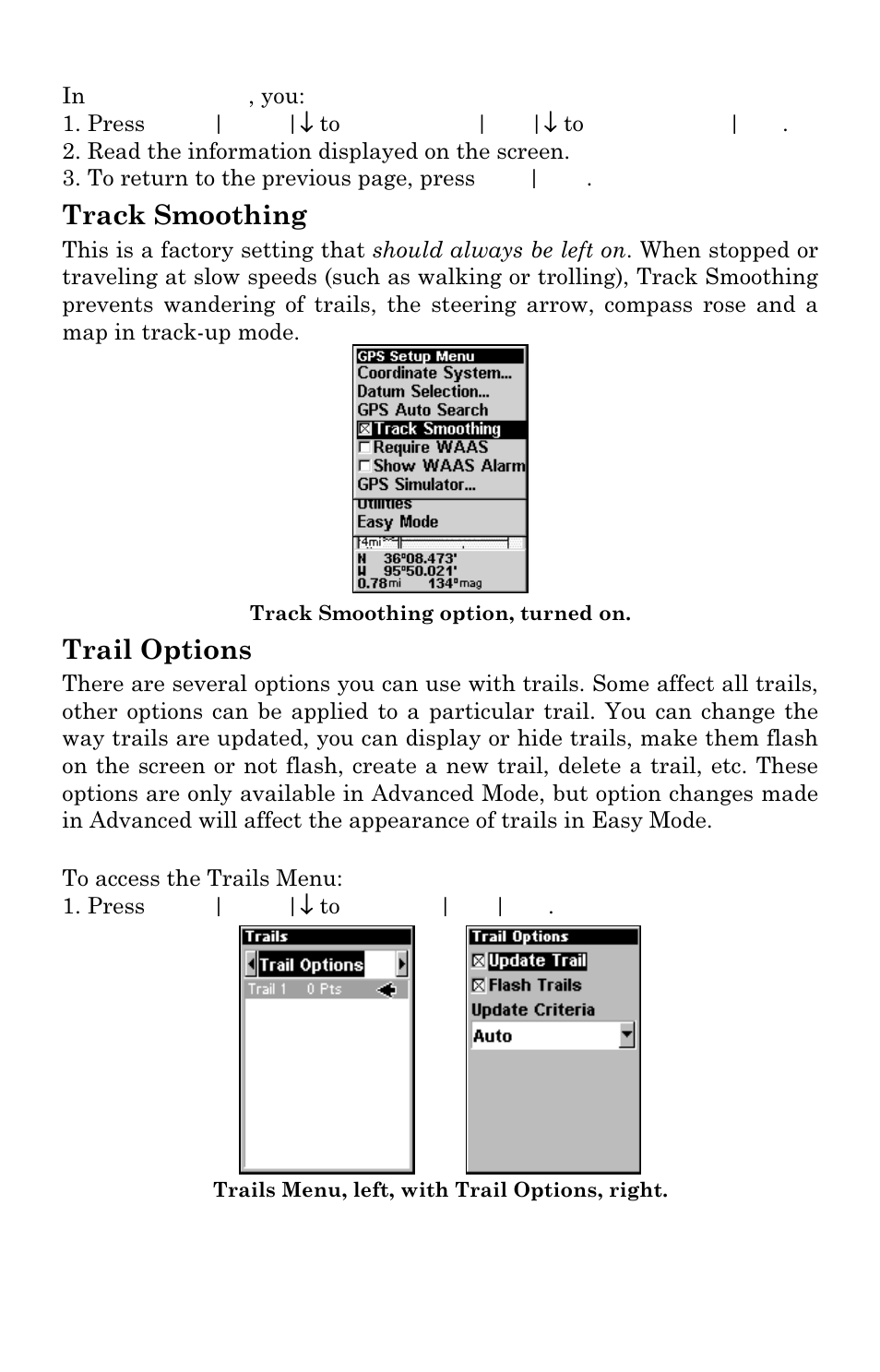 Track smoothing, Trail options | Lowrance electronic iFINDER GO User Manual | Page 77 / 92