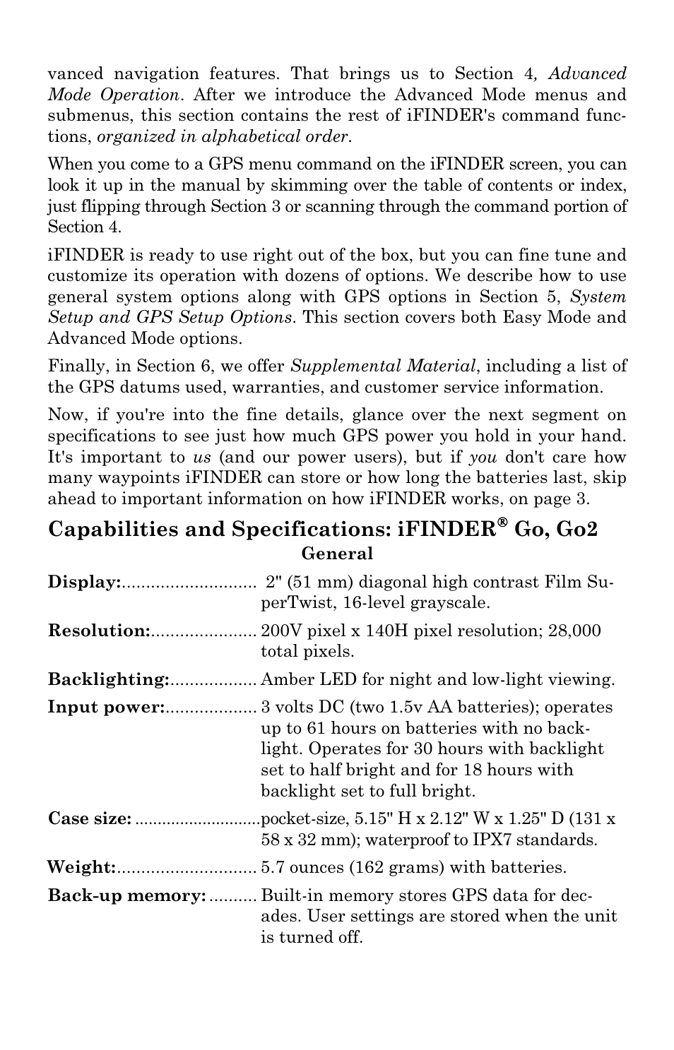 Capabilities and specifications: ifinder, Go, go2 | Lowrance electronic iFINDER GO User Manual | Page 8 / 92