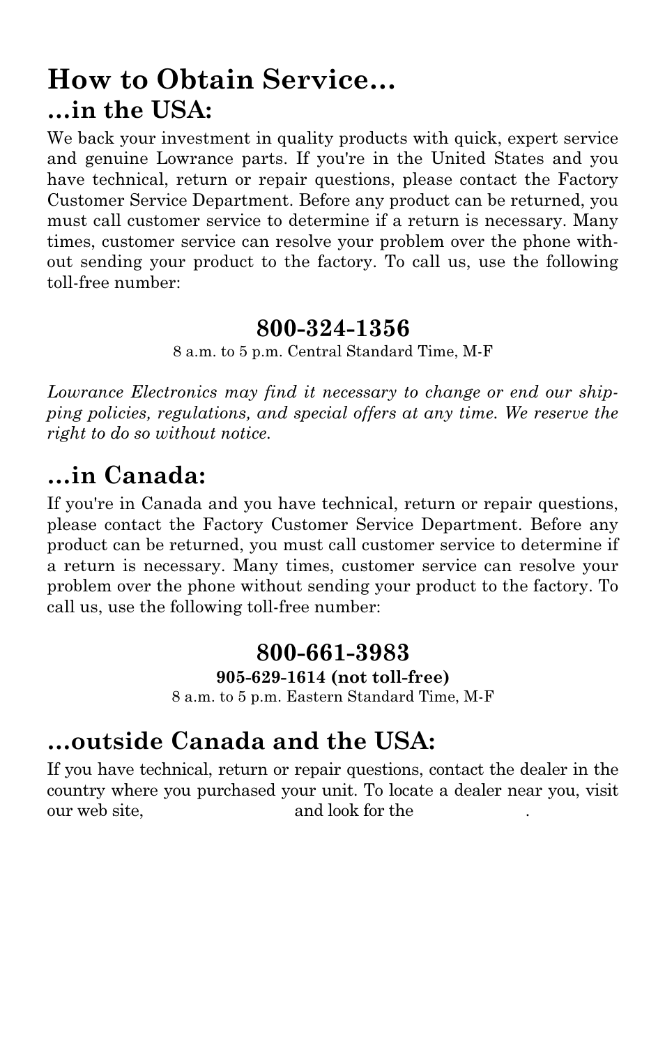 How to obtain service, Outside canada and the usa | Lowrance electronic iFINDER GO User Manual | Page 90 / 92