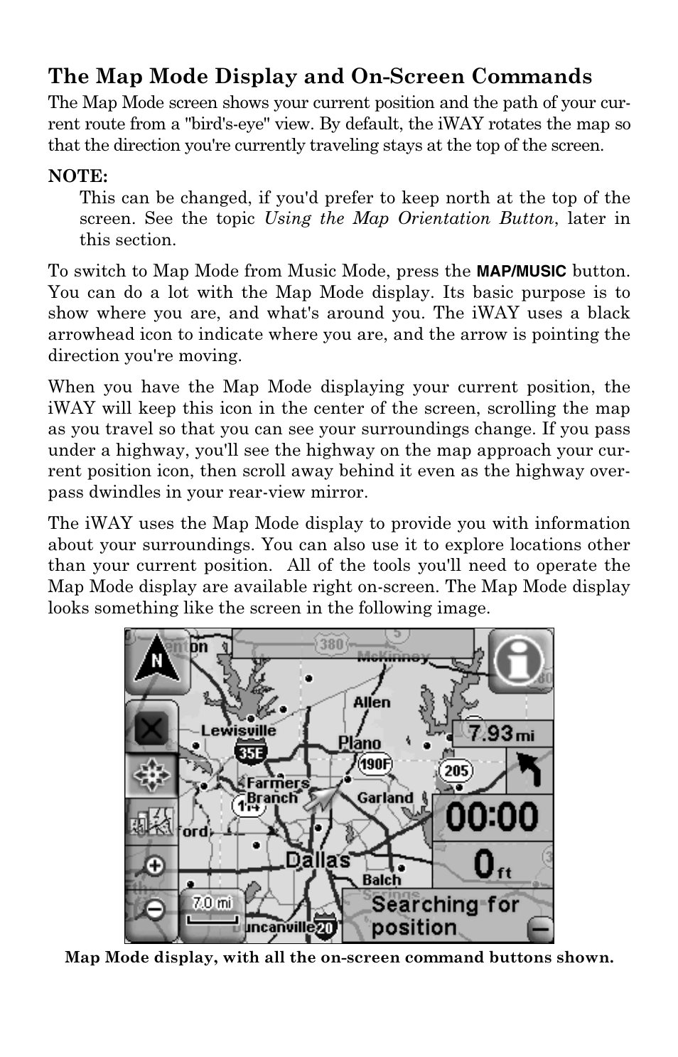 The map mode display and on-screen commands | Lowrance electronic IWAY 500C User Manual | Page 19 / 80