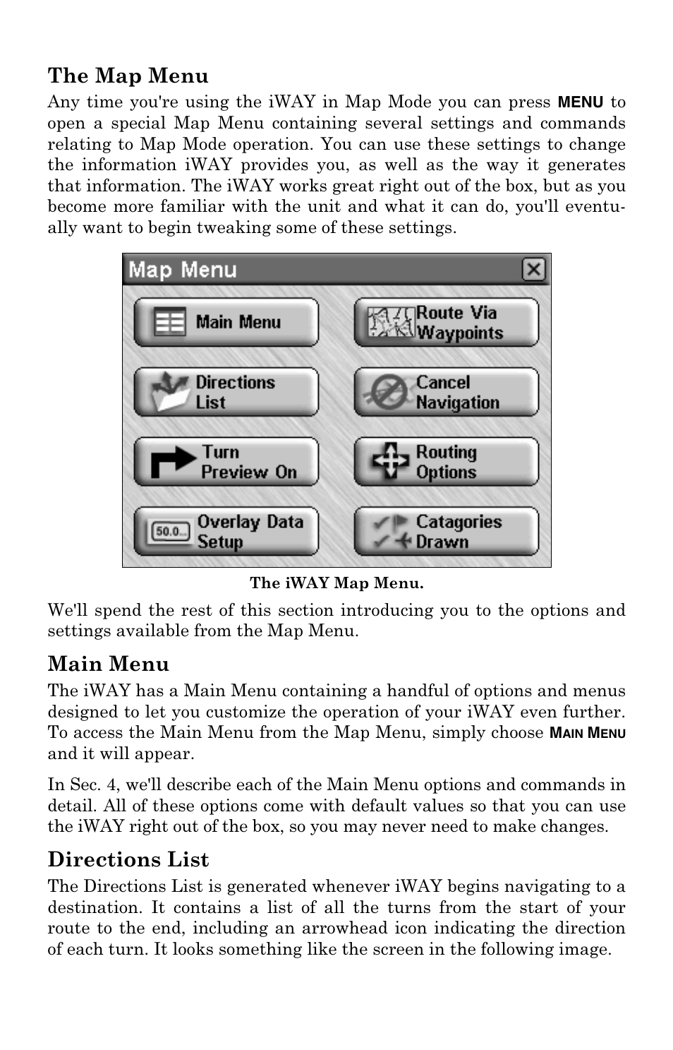 The map menu, Main menu, Directions list | Lowrance electronic IWAY 500C User Manual | Page 26 / 80