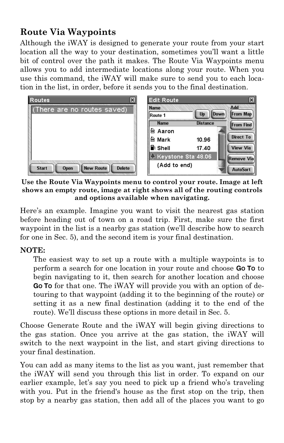 Route via waypoints | Lowrance electronic IWAY 500C User Manual | Page 29 / 80