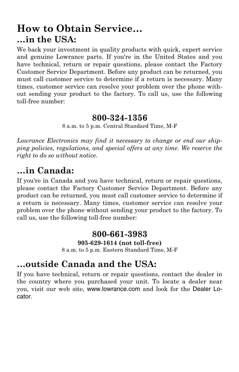 How to obtain service, Outside canada and the usa | Lowrance electronic IWAY 500C User Manual | Page 78 / 80