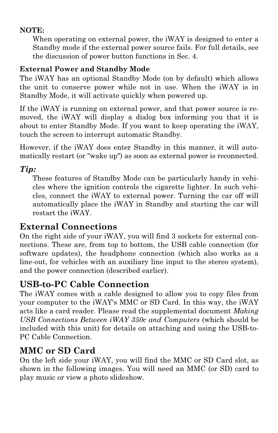 External connections, Usb-to-pc cable connection, Mmc or sd card | Lowrance electronic iWAY 350C User Manual | Page 10 / 76