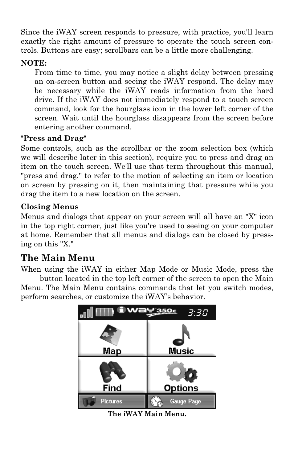 The main menu | Lowrance electronic iWAY 350C User Manual | Page 14 / 76