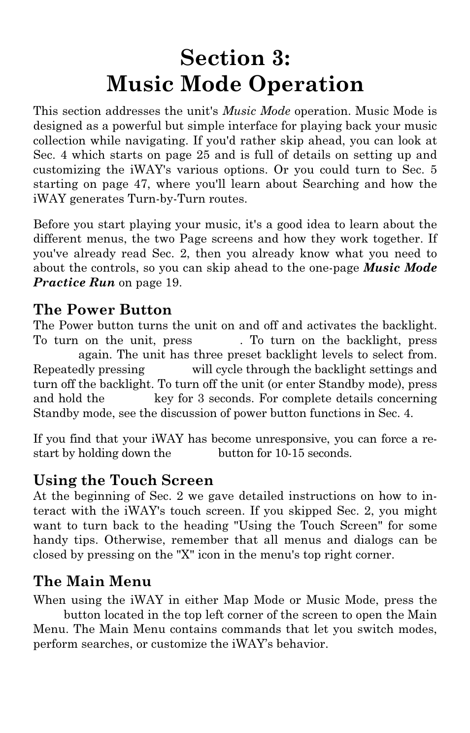 The power button, Using the touch screen, The main menu | Lowrance electronic iWAY 350C User Manual | Page 23 / 76
