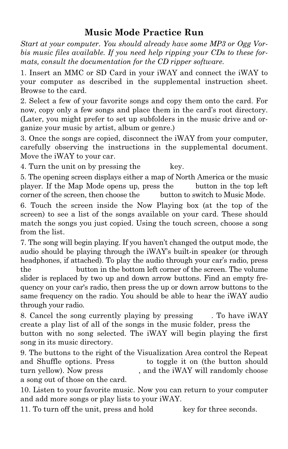 Music mode practice run | Lowrance electronic iWAY 350C User Manual | Page 25 / 76