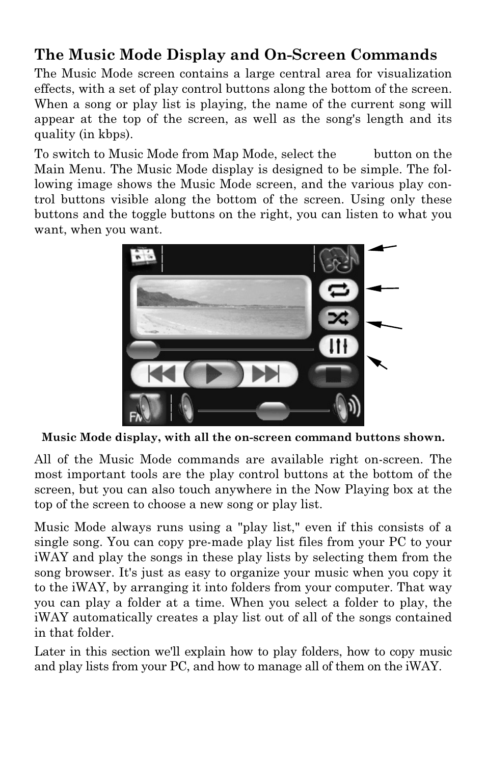 The music mode display and on-screen commands | Lowrance electronic iWAY 350C User Manual | Page 26 / 76
