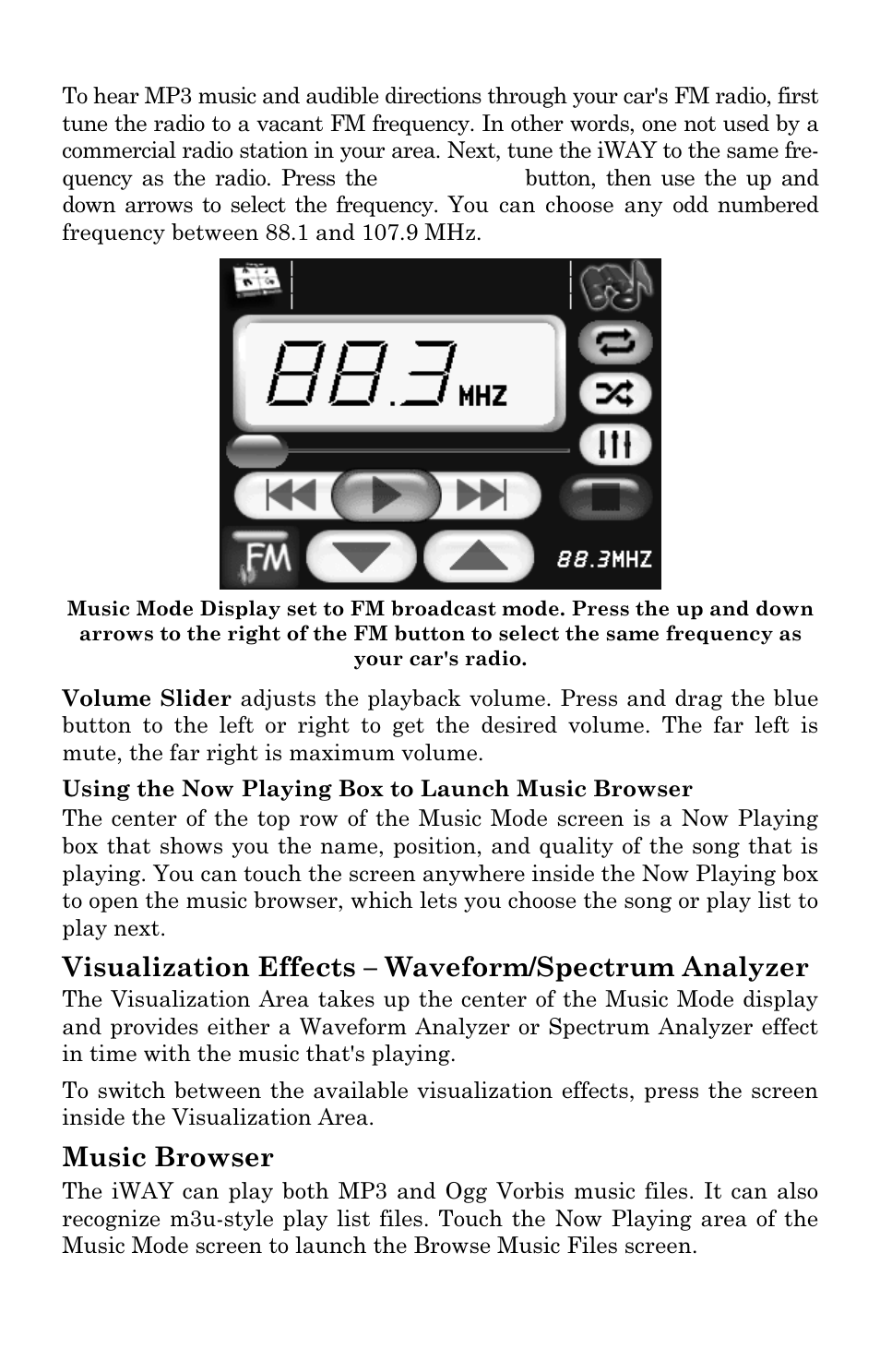 Visualization effects – waveform/spectrum analyzer, Music browser | Lowrance electronic iWAY 350C User Manual | Page 28 / 76
