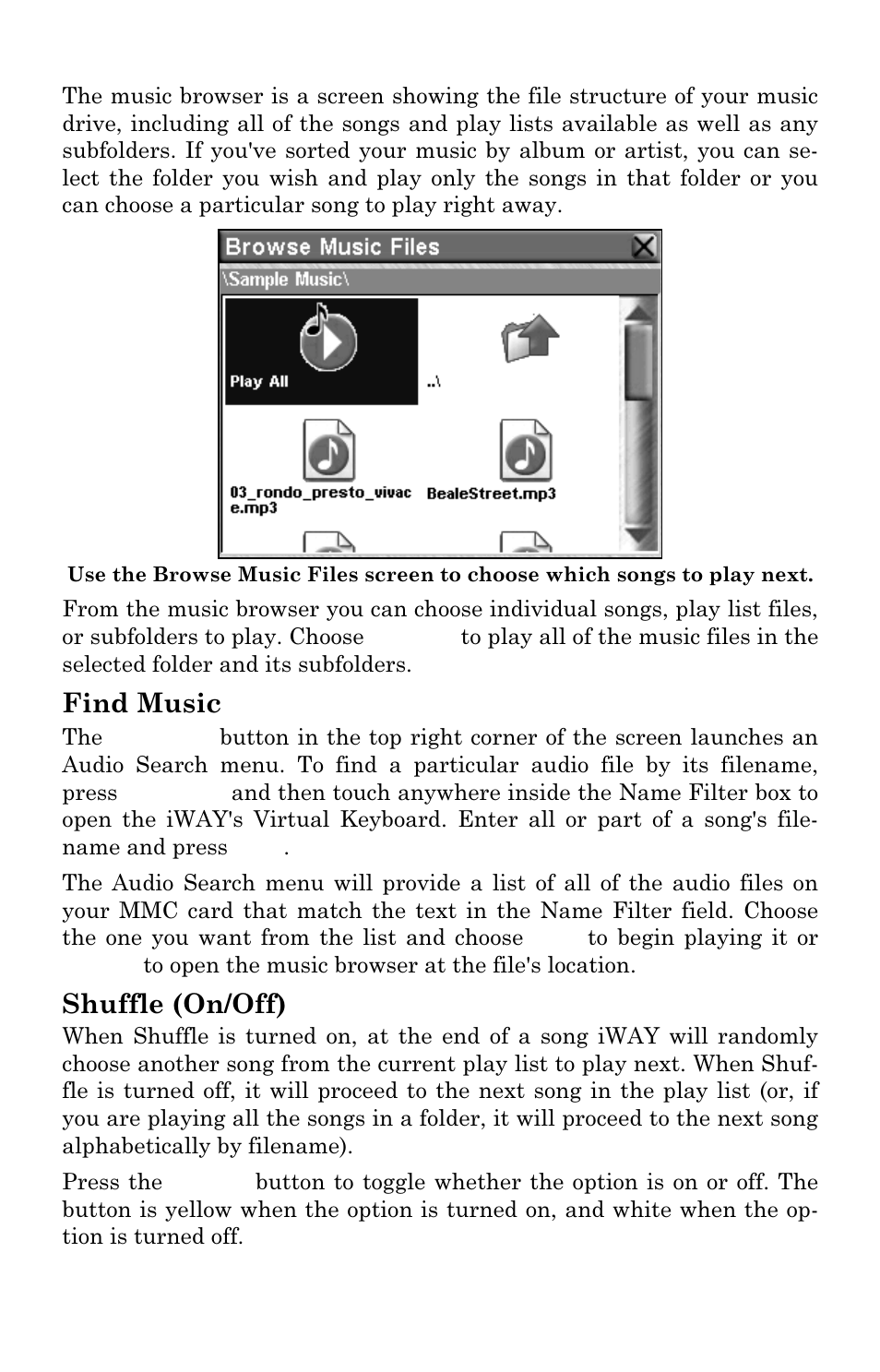 Find music, Shuffle (on/off) | Lowrance electronic iWAY 350C User Manual | Page 29 / 76