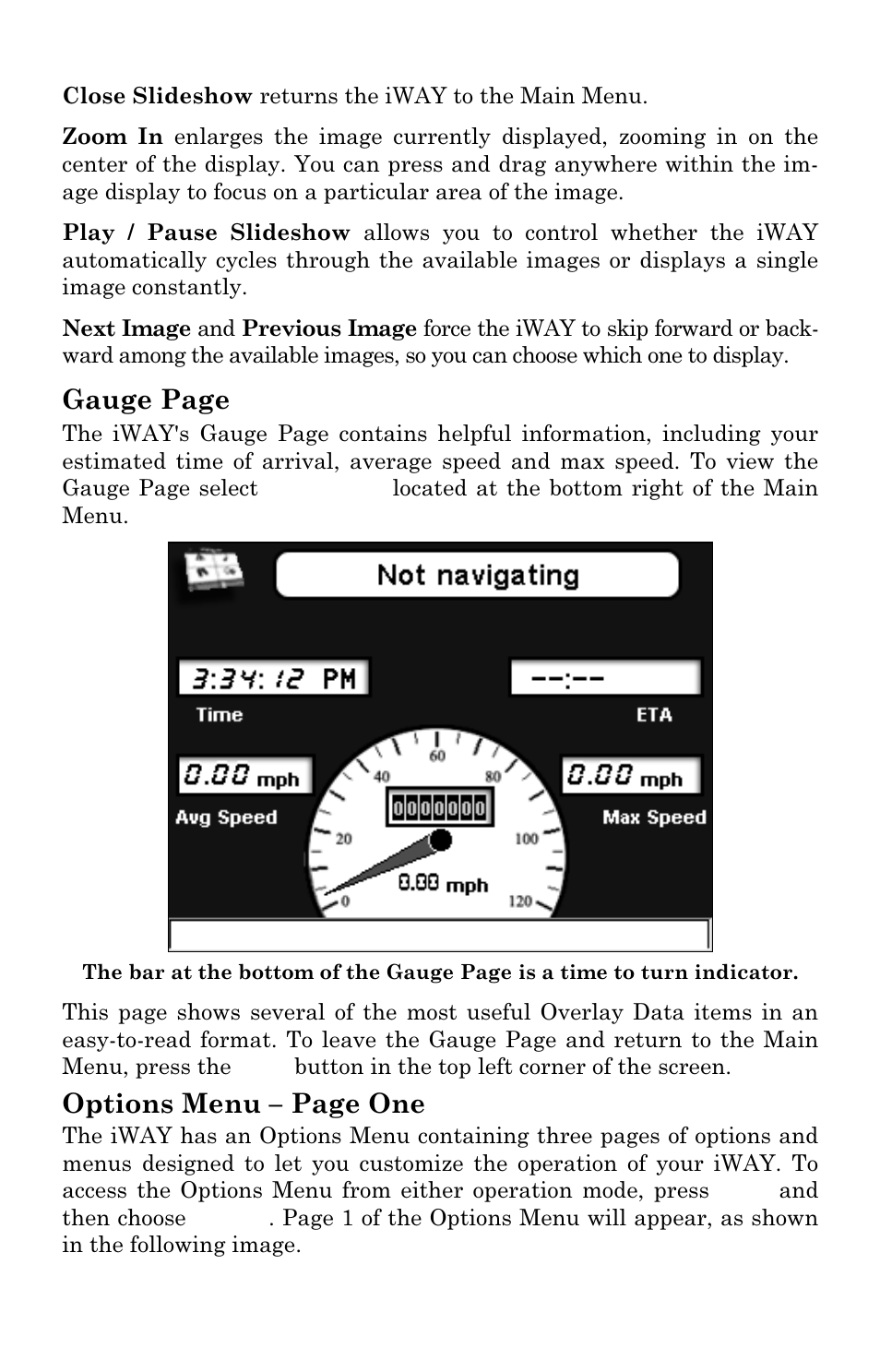 Gauge page, Options menu – page one | Lowrance electronic iWAY 350C User Manual | Page 32 / 76