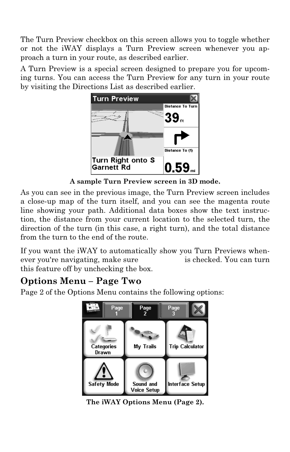 Options menu – page two | Lowrance electronic iWAY 350C User Manual | Page 39 / 76