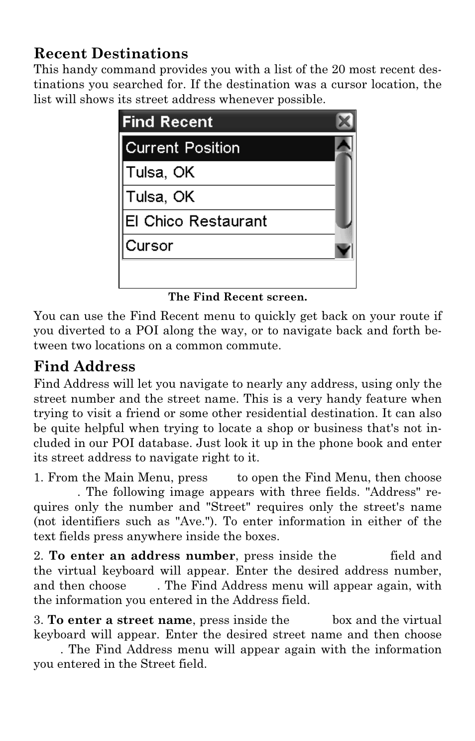 Recent destinations, Find address | Lowrance electronic iWAY 350C User Manual | Page 58 / 76