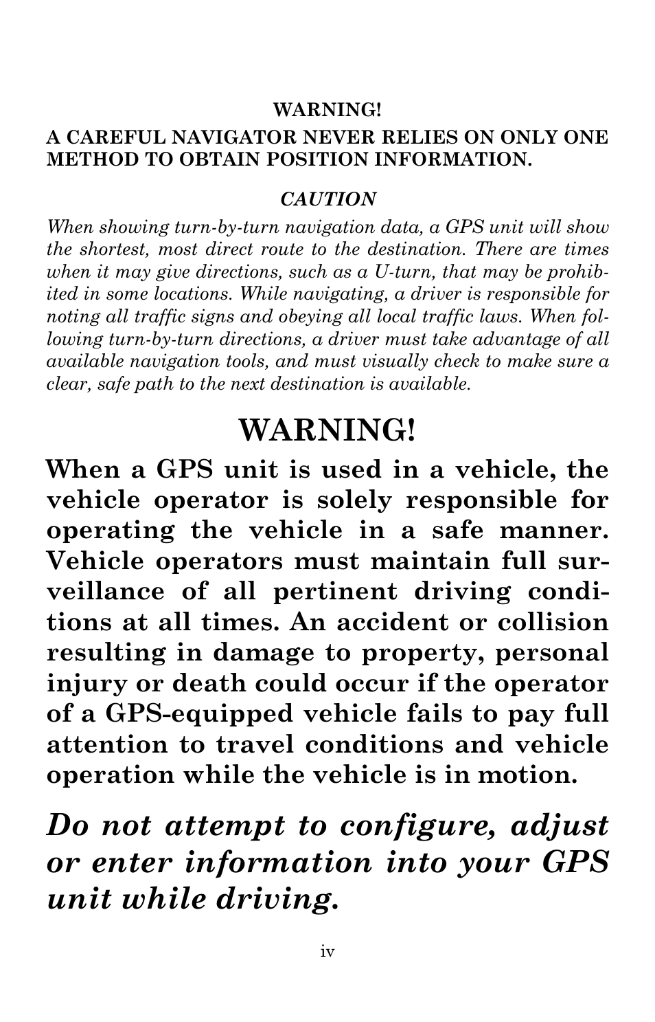 Warning | Lowrance electronic iWAY 350C User Manual | Page 6 / 76