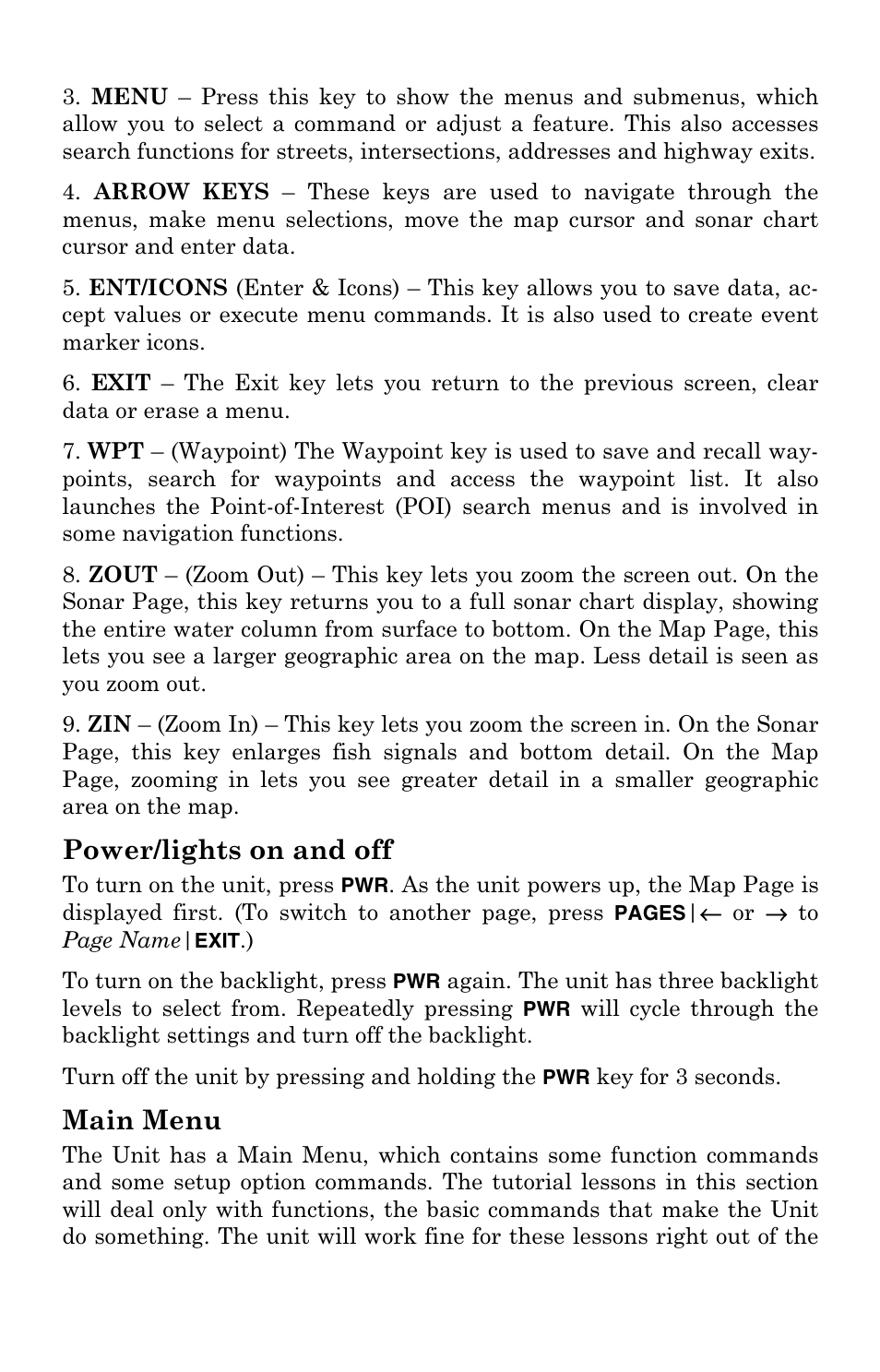 Power/lights on and off, Main menu, Power/lights (turn unit on and off) main menu | Lowrance electronic LCX-104C User Manual | Page 100 / 200