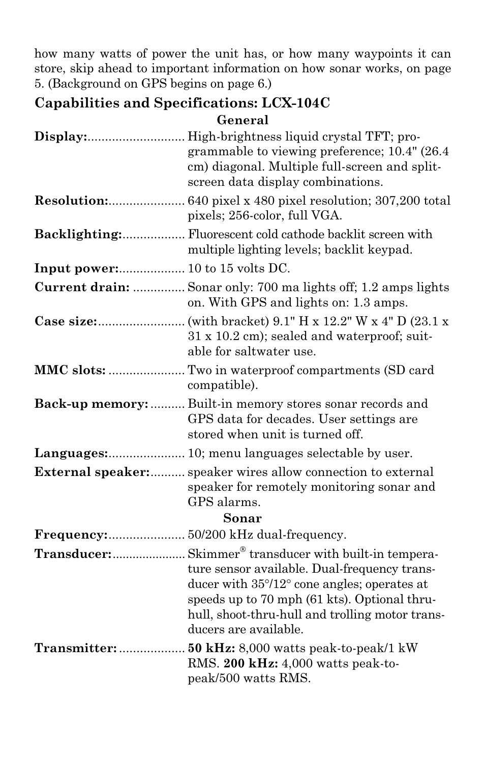 Capabilities and specification, Capabilities and specifications: lcx-104c | Lowrance electronic LCX-104C User Manual | Page 11 / 200