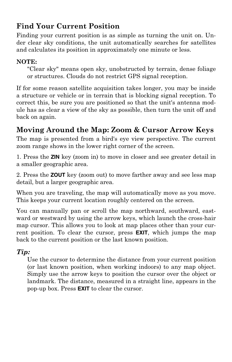 Find your current position, Moving around the map: zoom & cursor arrow keys | Lowrance electronic LCX-104C User Manual | Page 112 / 200