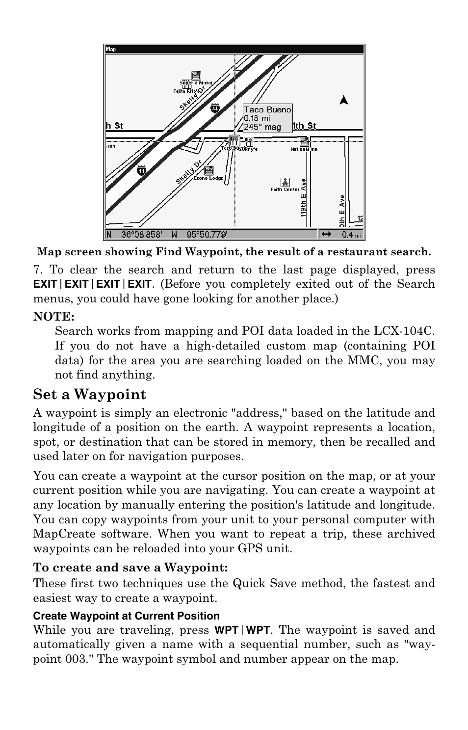 Set a waypoint, Create waypoint at current position | Lowrance electronic LCX-104C User Manual | Page 115 / 200