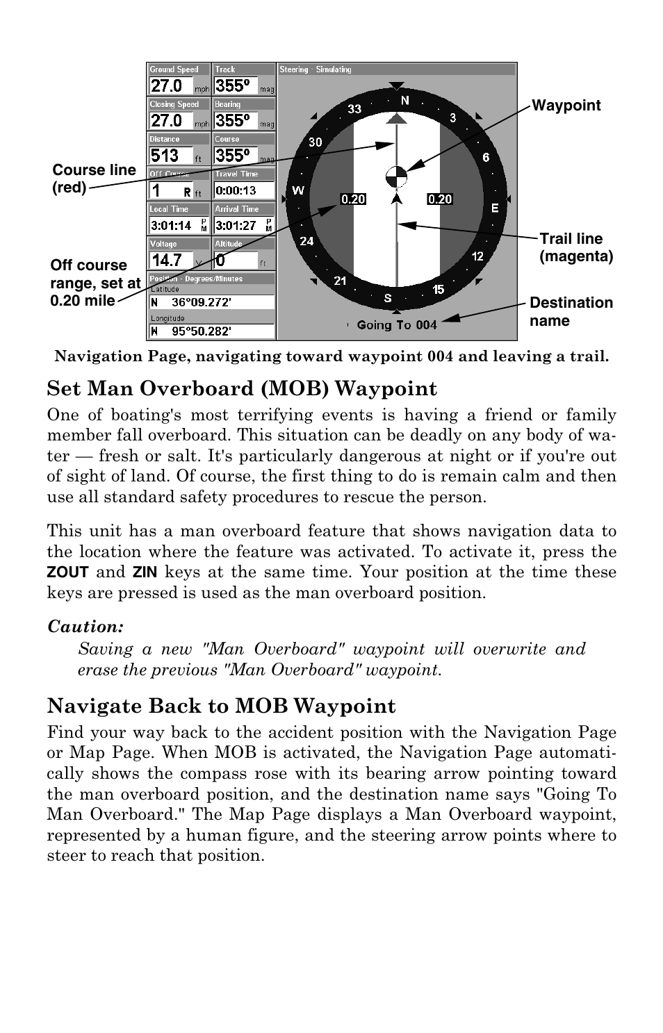 Set man overboard (mob) waypoint, Navigate back to mob waypoint | Lowrance electronic LCX-104C User Manual | Page 118 / 200