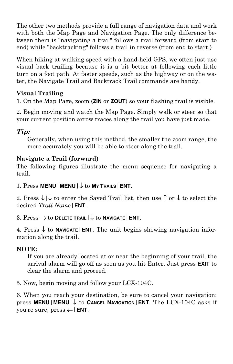 Visual trailing, Navigate a trail (forward), Visual trailing navigate a trail (forward) | Lowrance electronic LCX-104C User Manual | Page 124 / 200