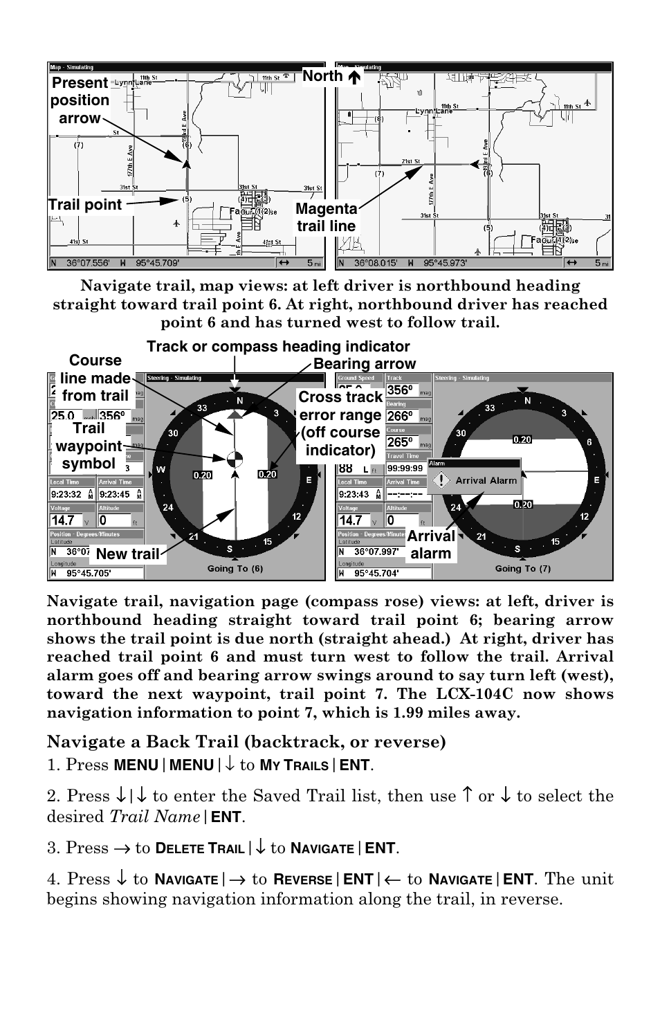 Navigate a back trail (backtrack, or reverse) | Lowrance electronic LCX-104C User Manual | Page 126 / 200