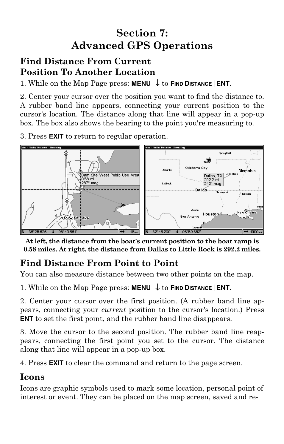 Sec. 7: advanced gps operations, Find distance from point to point, Icons | Lowrance electronic LCX-104C User Manual | Page 131 / 200