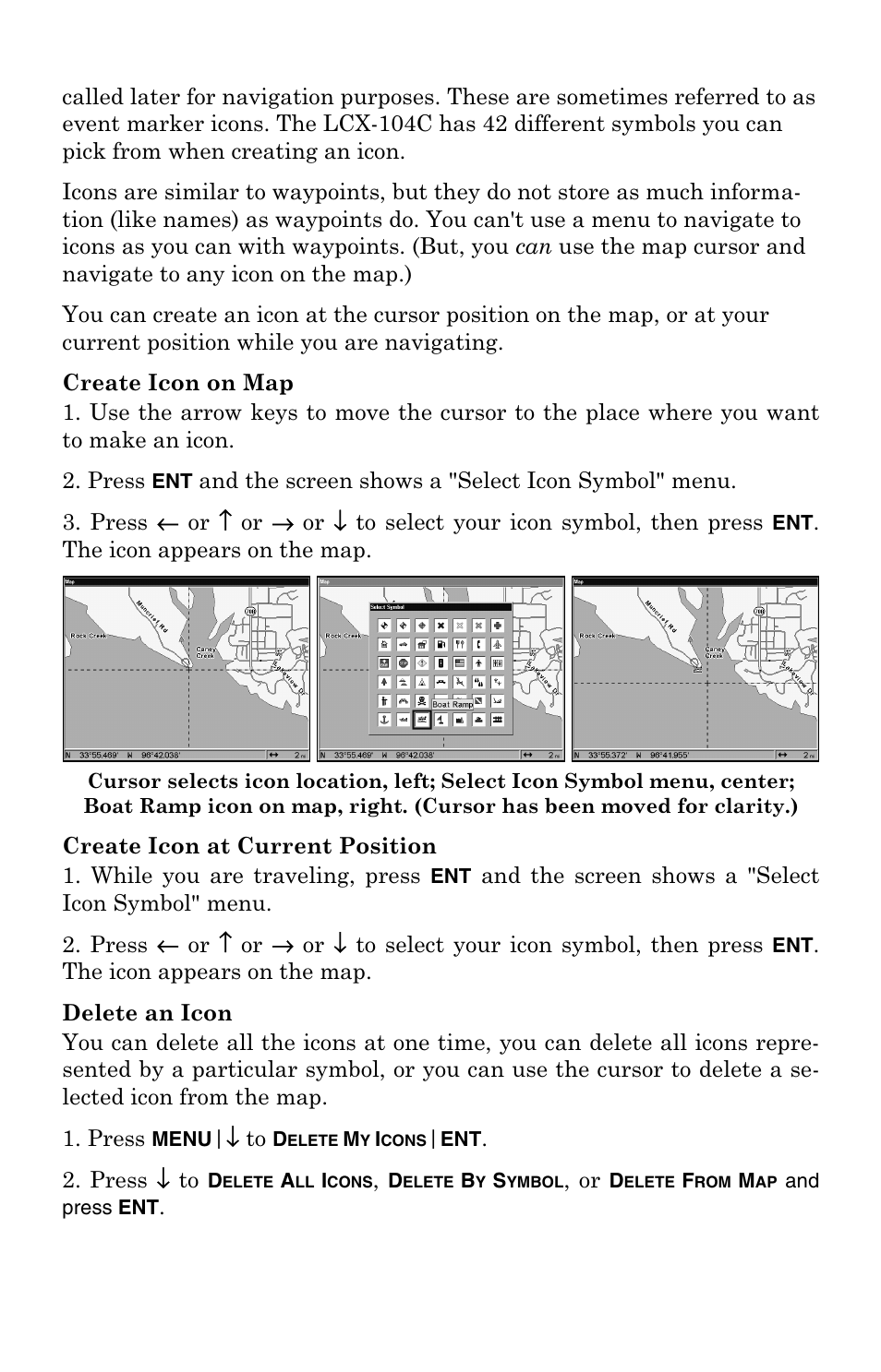 Create icon on map, Create icon at current position, Delete an icon | Lowrance electronic LCX-104C User Manual | Page 132 / 200