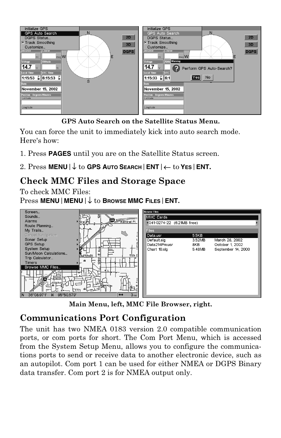Check mmc files and storage space, Communications port configuration | Lowrance electronic LCX-104C User Manual | Page 145 / 200