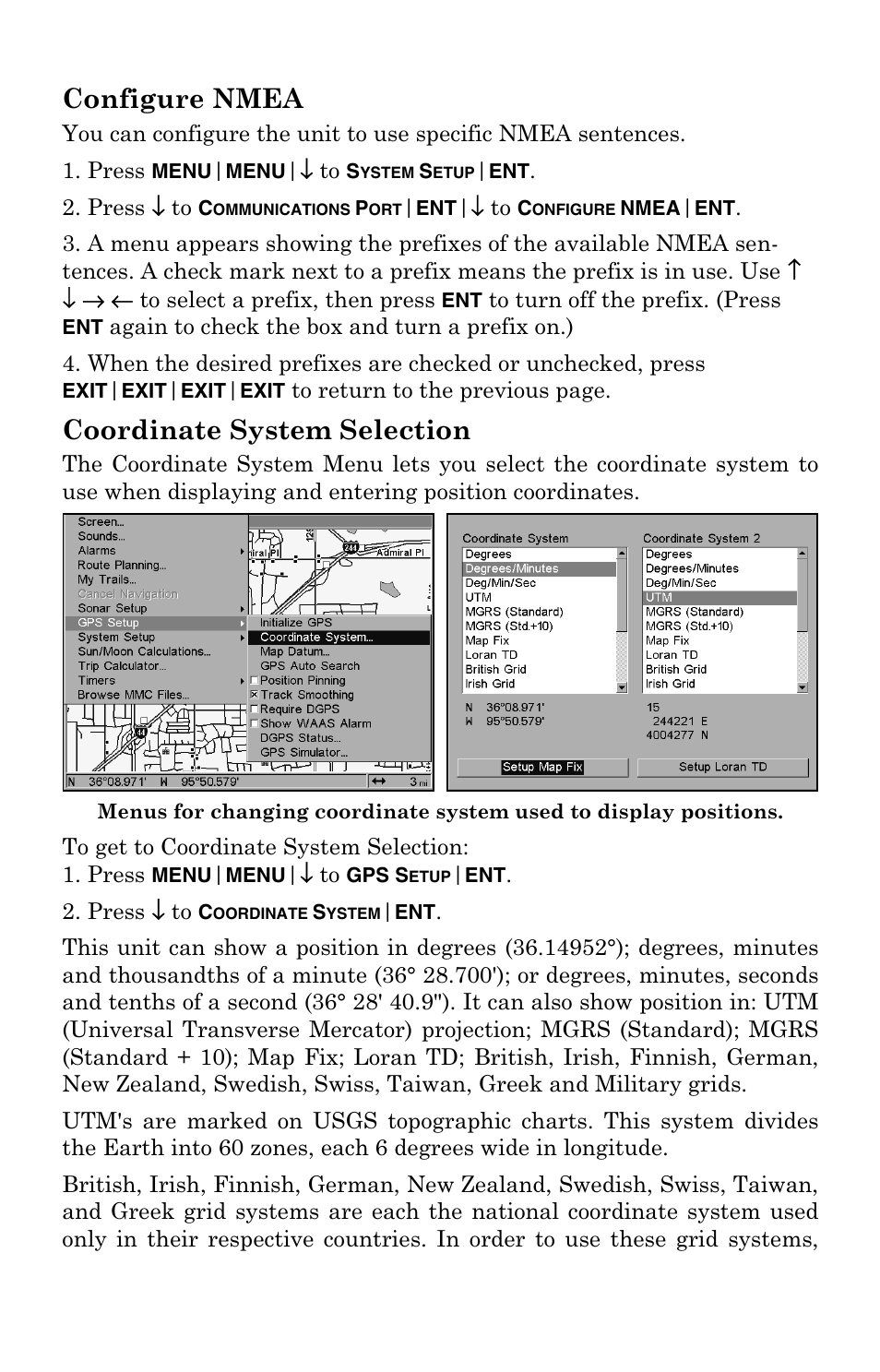 Configure nmea, Coordinate system selection, Configure nmea coordinate system selection | Lowrance electronic LCX-104C User Manual | Page 147 / 200