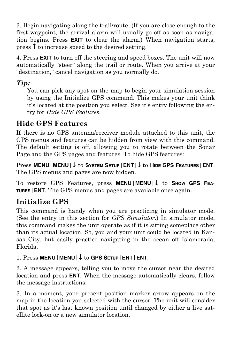 Hide gps features, Initialize gps, Hide gps features initialize gps | Lowrance electronic LCX-104C User Manual | Page 152 / 200