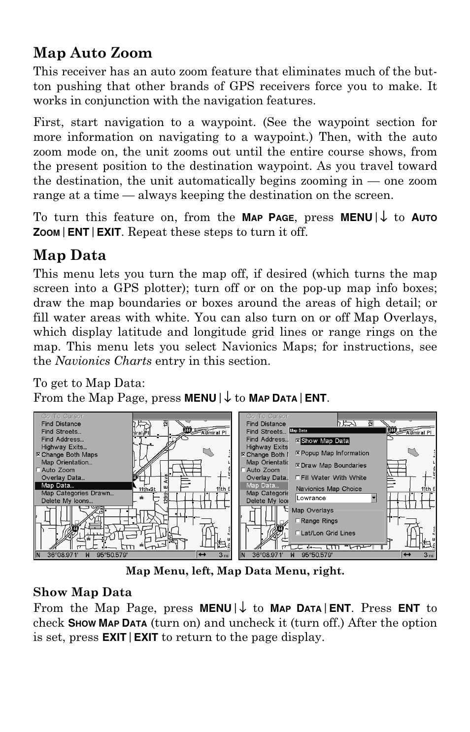 Map auto zoom, Map data, Show map data | Map auto zoom map data | Lowrance electronic LCX-104C User Manual | Page 153 / 200