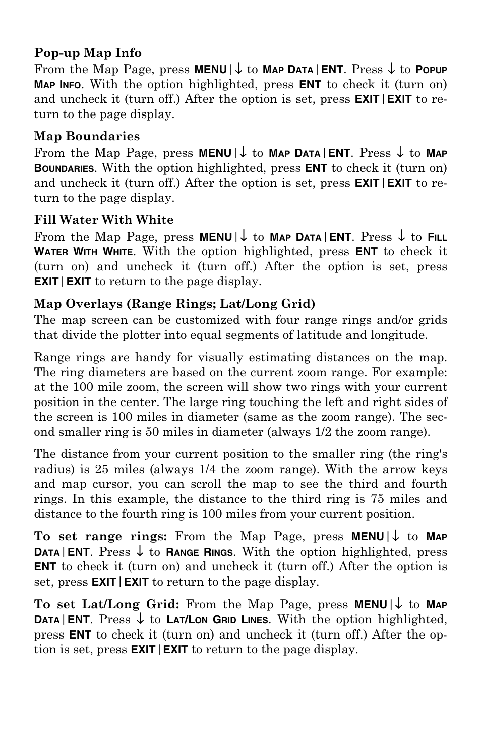 Pop-up map info, Map boundaries, Fill water with white | Map overlays (range rings; lat/long grid), Pop-up map info map boundaries | Lowrance electronic LCX-104C User Manual | Page 154 / 200