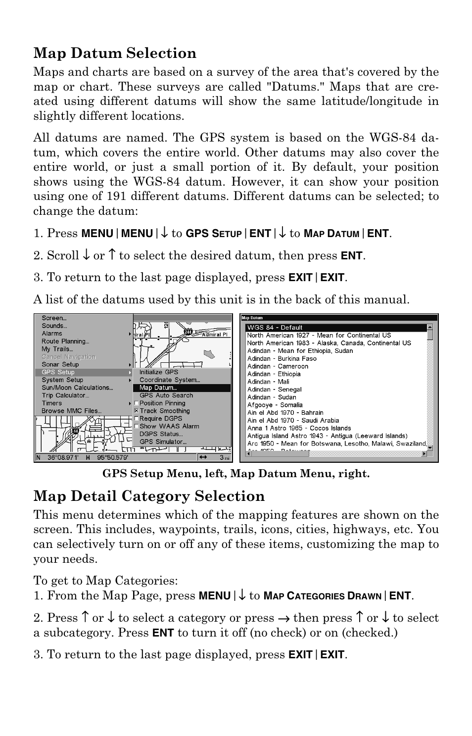 Map datum selection, Map detail category selection, Map datum selection map detail category selection | Lowrance electronic LCX-104C User Manual | Page 155 / 200