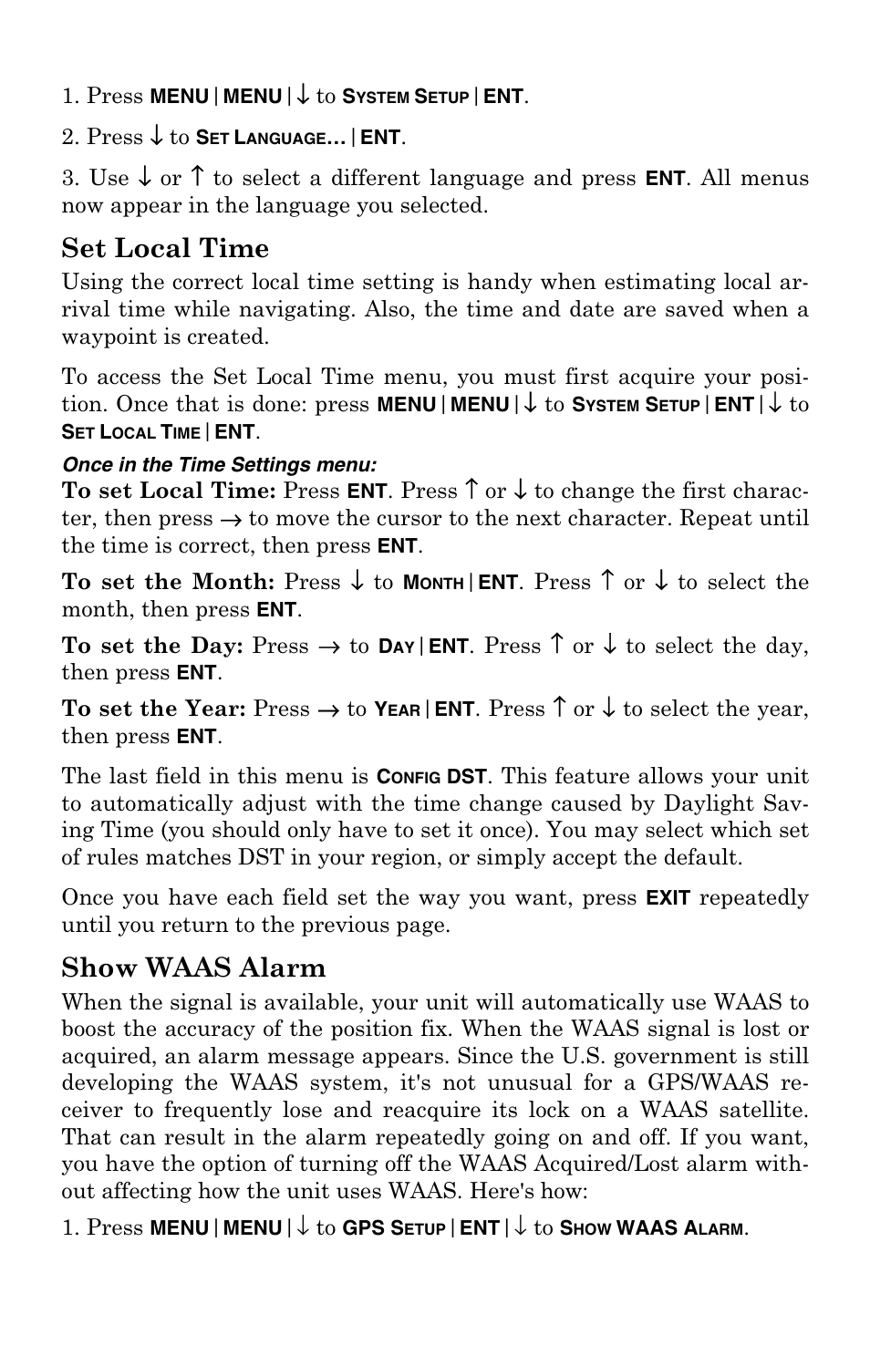 Set local time, Show waas alarm, Set local time show waas alarm | Lowrance electronic LCX-104C User Manual | Page 168 / 200