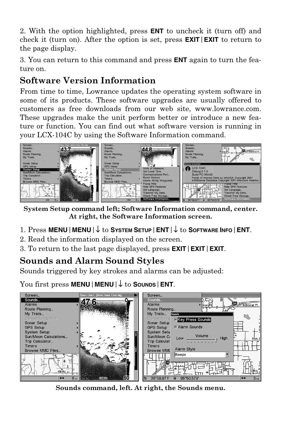 Software version information, Sounds and alarm sound styles | Lowrance electronic LCX-104C User Manual | Page 169 / 200